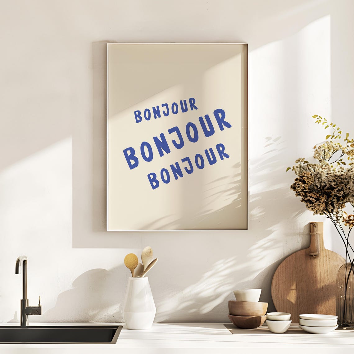 Bonjour Repeated Blue French Typography Minimalist Kitchen Poster