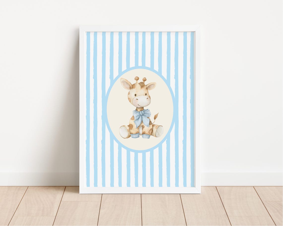 A Sweet Baby Giraffe Blue Striped Safari Nursery Watercolor Poster - Image 3