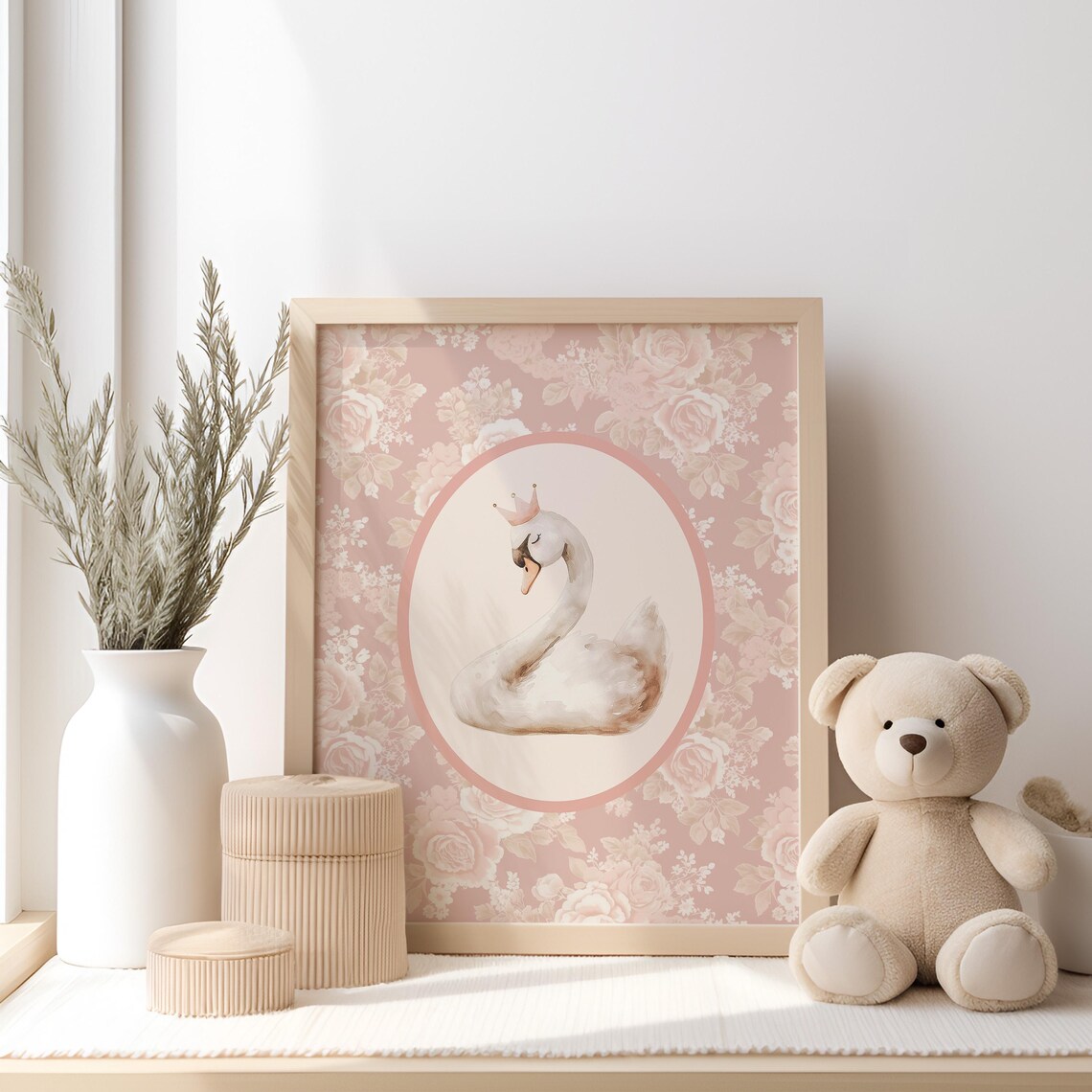 Crowned Swan Watercolor Royal Floral Oval Nursery Art Poster - Image 2