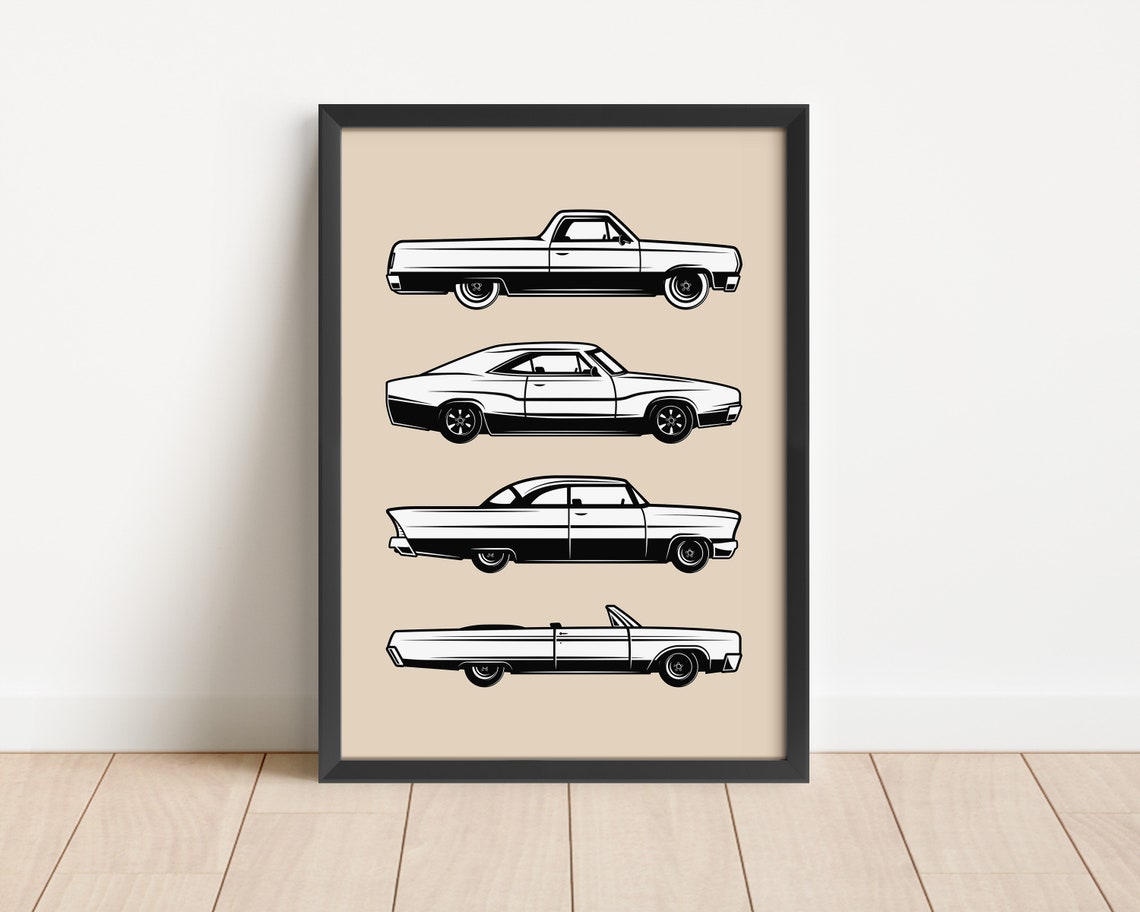 Four Vintage Classic Cars Side Profile Black Tan Boys Room Poster - Image 3