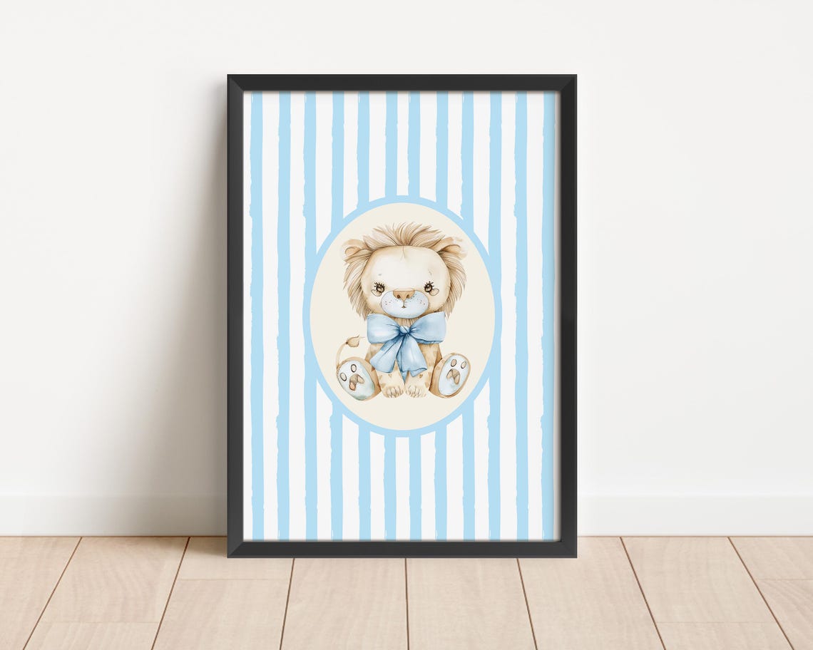 A Sweet Baby Lion Blue Striped Safari Nursery Watercolor Poster - Image 2