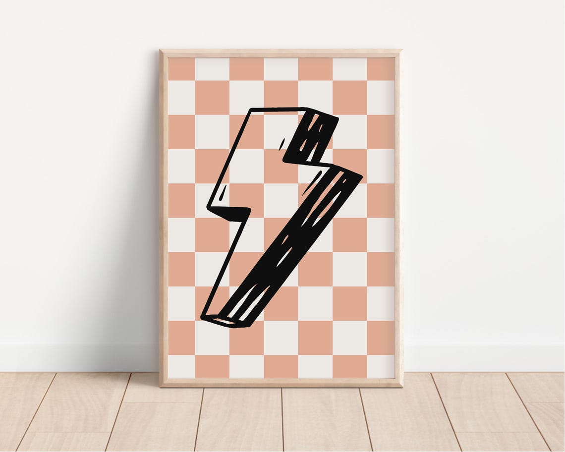 Lightning Bolt Girls Wall Art Checkered Retro Girls Wall Art Tween Bedroom Art Girl Bedroom Art Nursery Art Playroom Art Boho Pink - Image 4