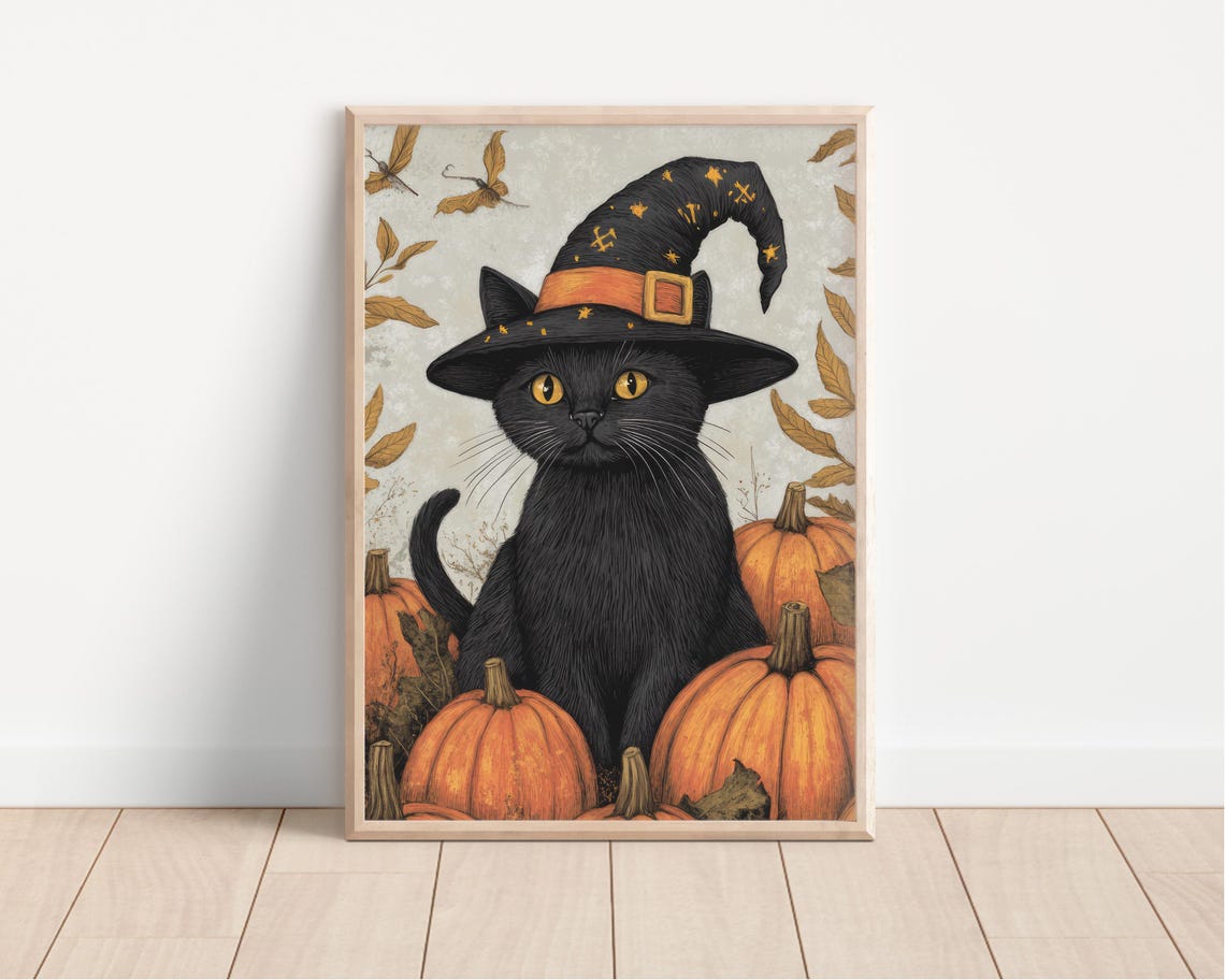 Cozy Vintage Black Cat In Witch Hat With Pumpkins Autumn Poster - Image 3
