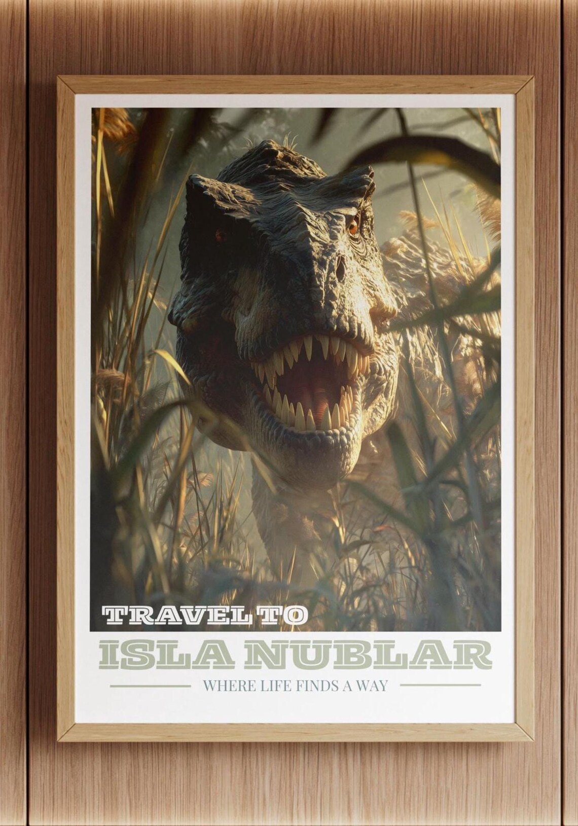 Trex Face Tall Grass Retro Dinosaur Poster, Isla Nublar