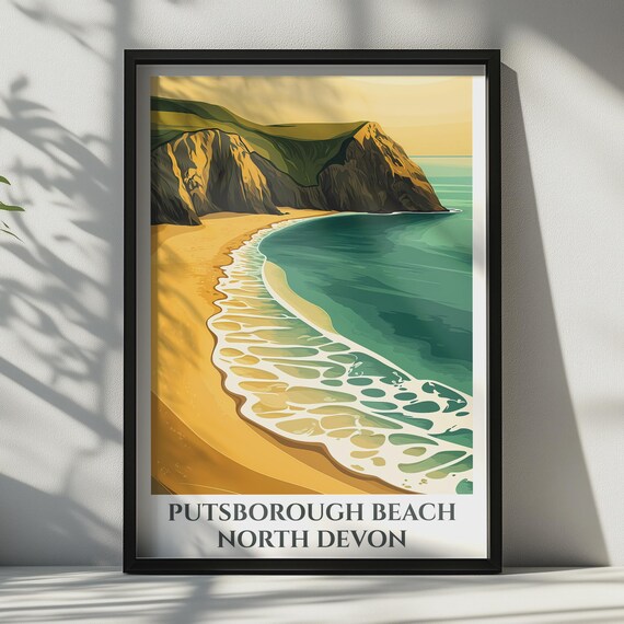 Putsborough Beach North Devon Vintage Travel Poster Golden Cliffs Coastal Scene