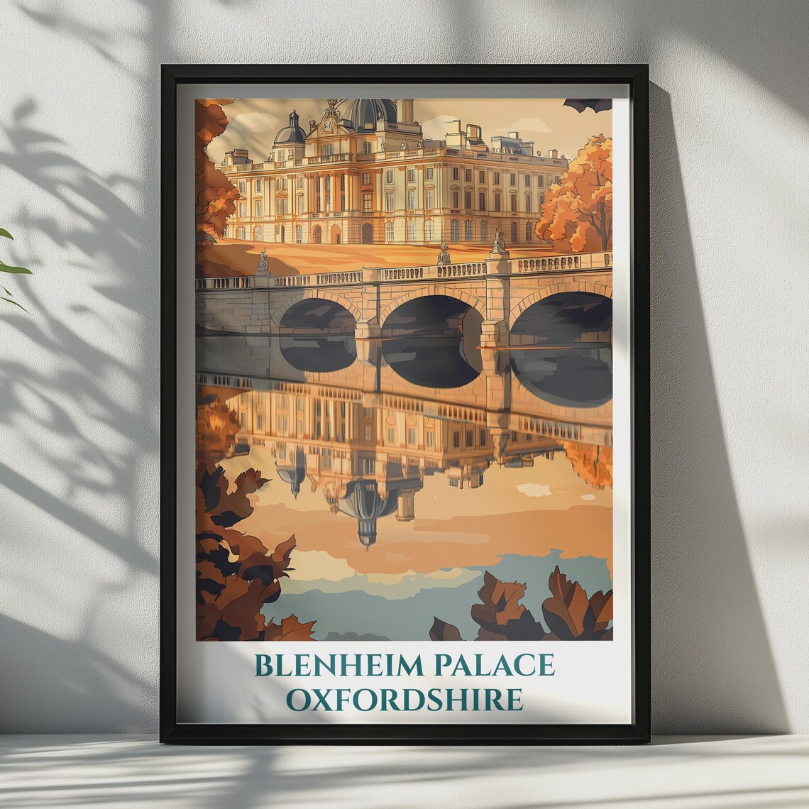 Blenheim Palace Oxfordshire Autumn Bridge Reflection Travel Style Poster