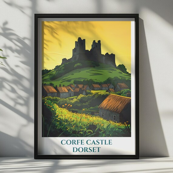 Corfe Castle Dorset Vintage Travel Poster Golden Sunset Hills