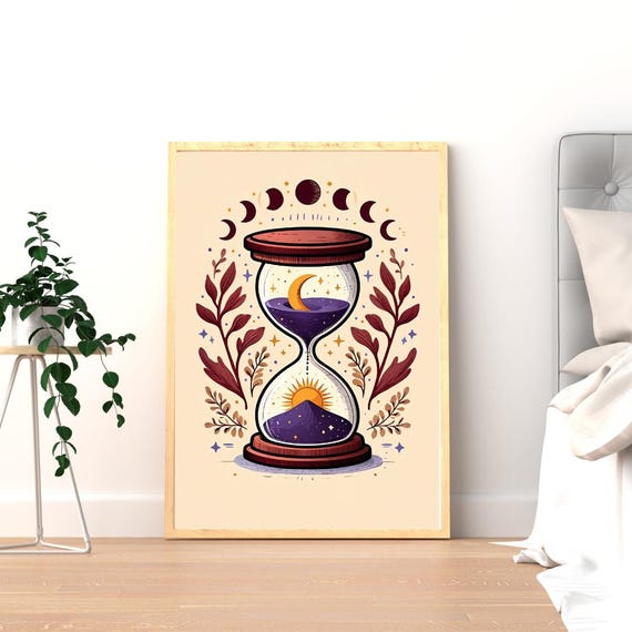 Mystical Hourglass Moon Phases Sun Illustration Art Print