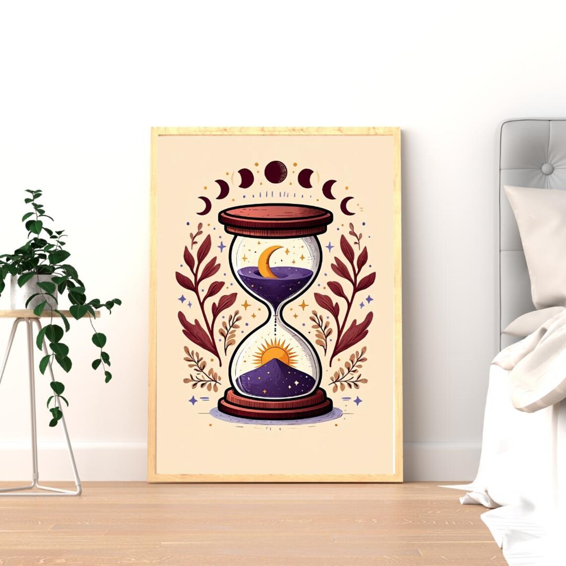 Mystical Hourglass Moon Phases Sun Illustration Art Print