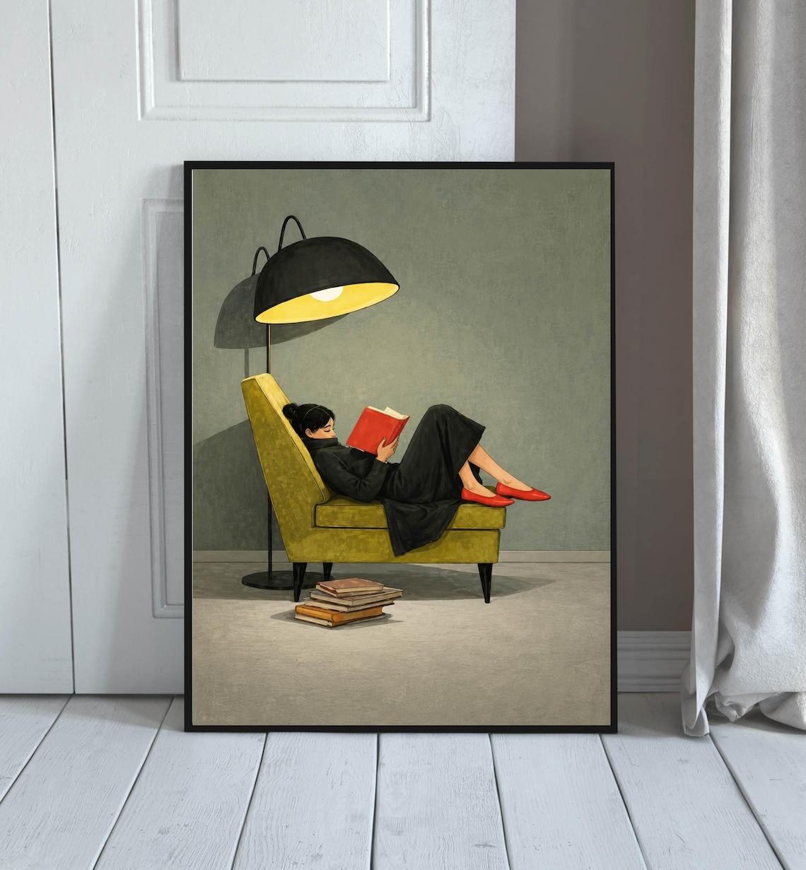 Woman Reading On Chaise Lounge Red Book Cozy Literary Illustration Poster
