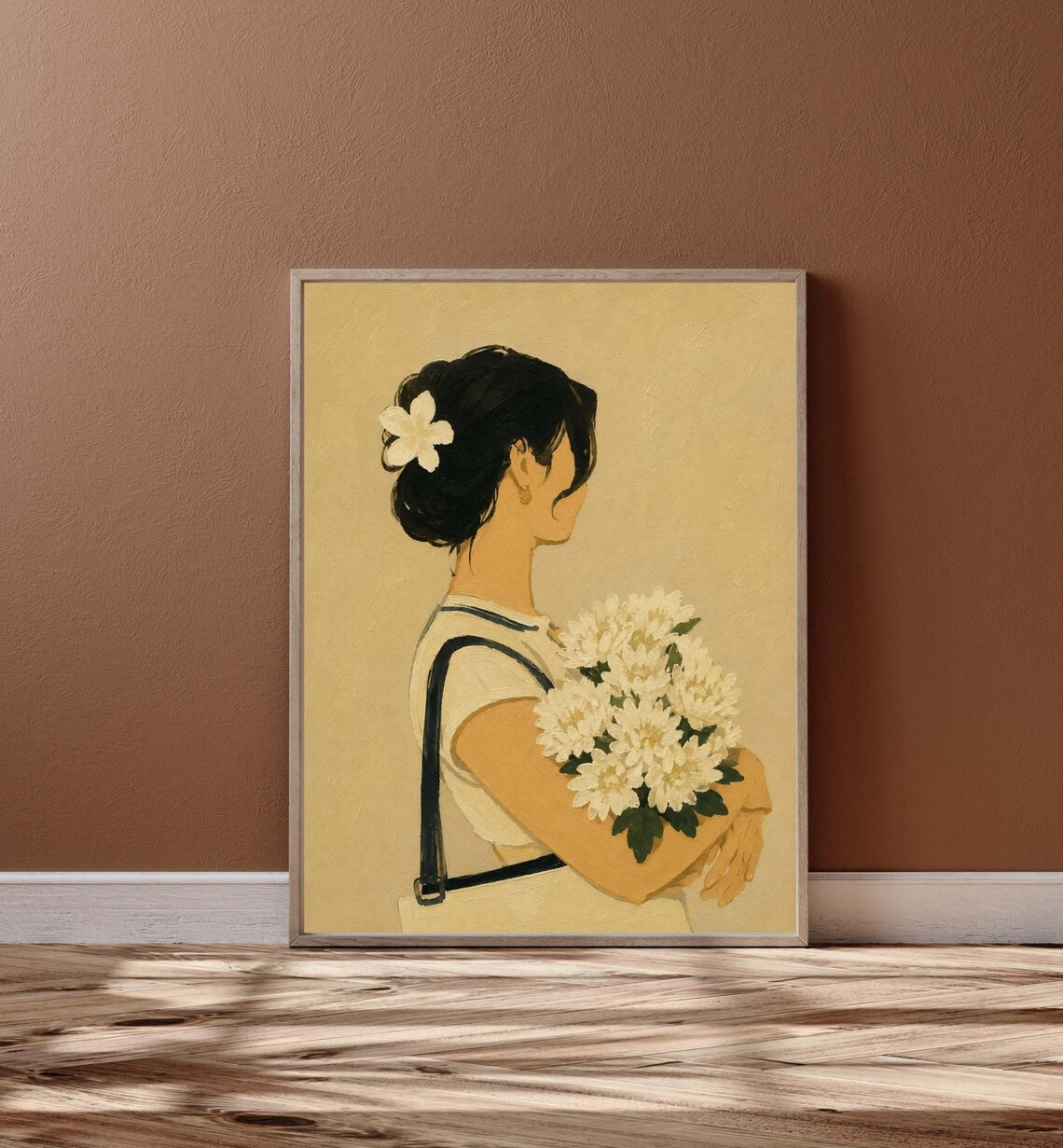 Minimalist Woman Holding White Flowers Beige Feminine Portrait Poster