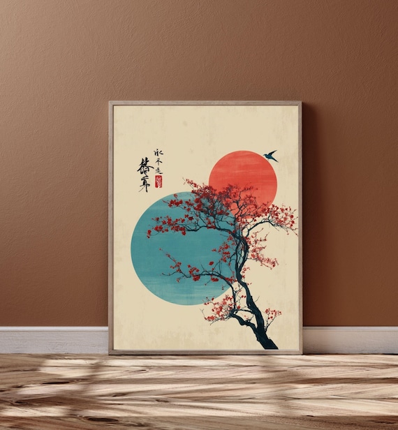 Japanese Sakura Tree Wall Art Print Ukiyo E Japandi Poster Minimalist Zen Asian Decor Cherry Blossom Red Sun Bleu Moon