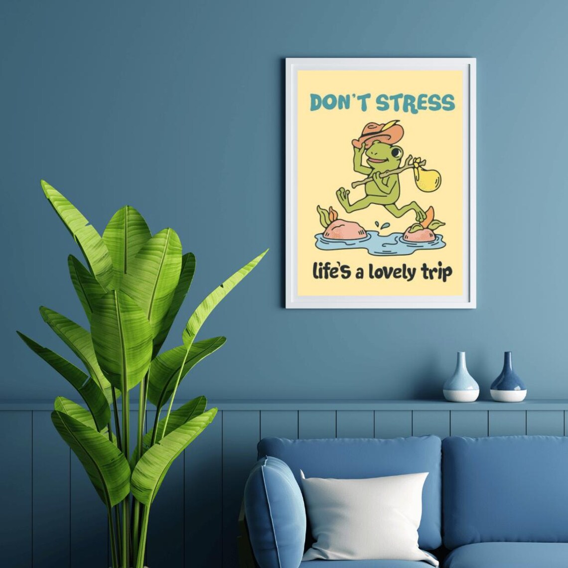Don't Stress Life's A Lovely Trip Cute Frog Hiker Motivational Quote Poster