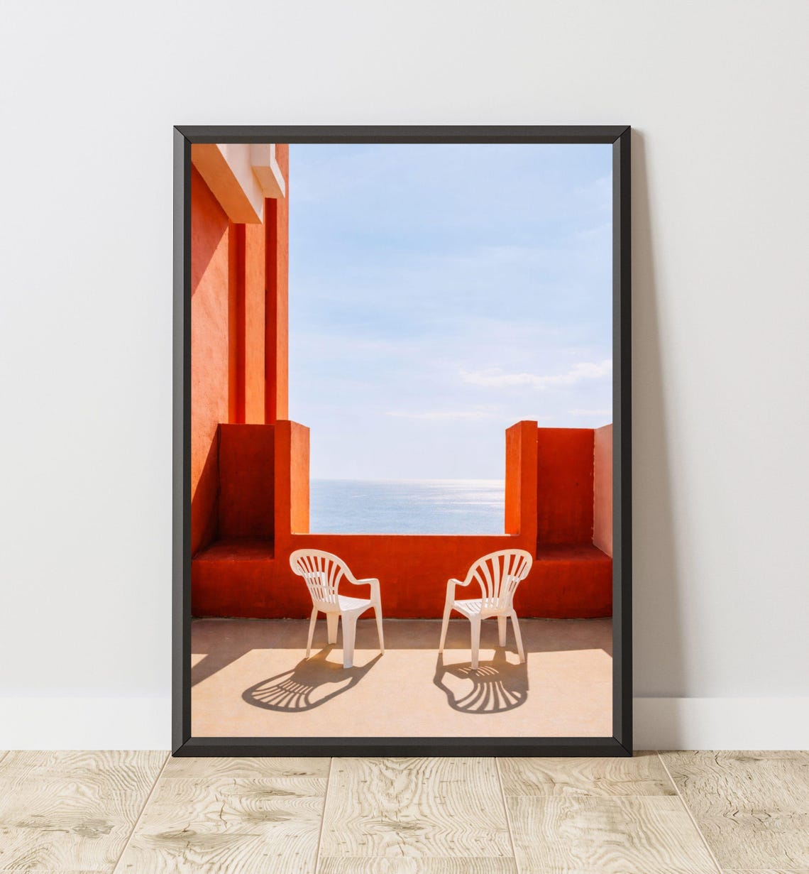 Red Coastal Terrace Two White Chairs Sea View Minimalist Photo Poster
