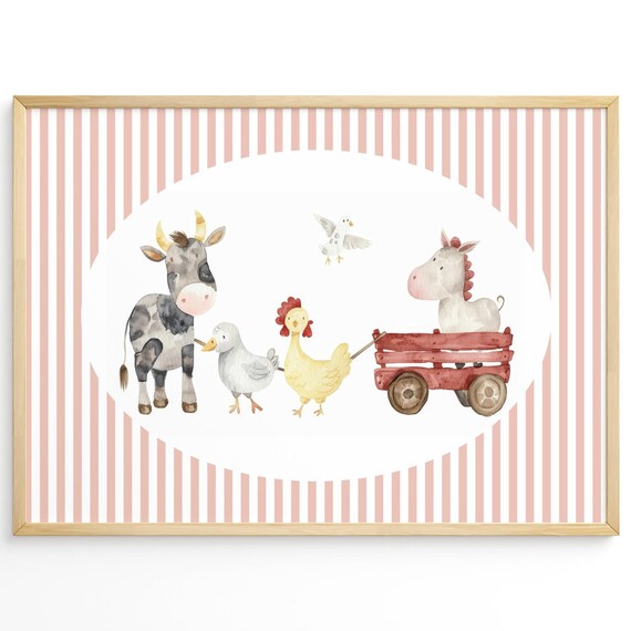 Farm Animals Pulling a Red Wagon Watercolor Nursery Wall Art