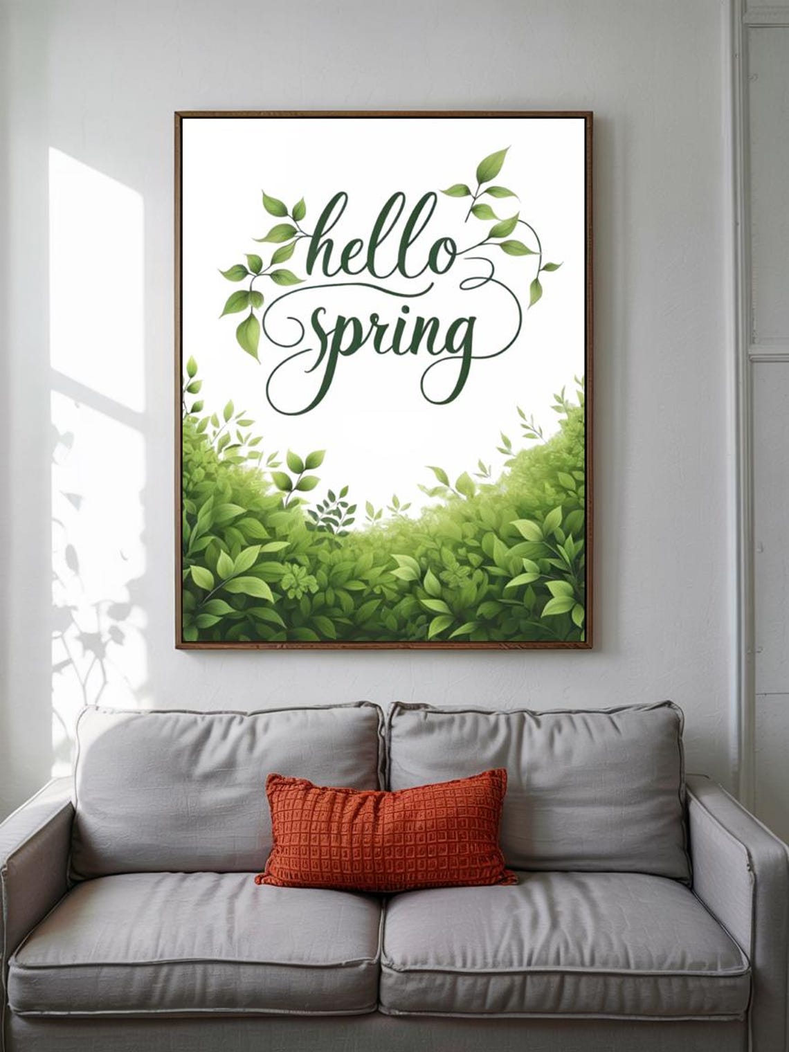 Hello Spring Green Calligraphy Leafy Branches Botanical Decor Print - Image 2