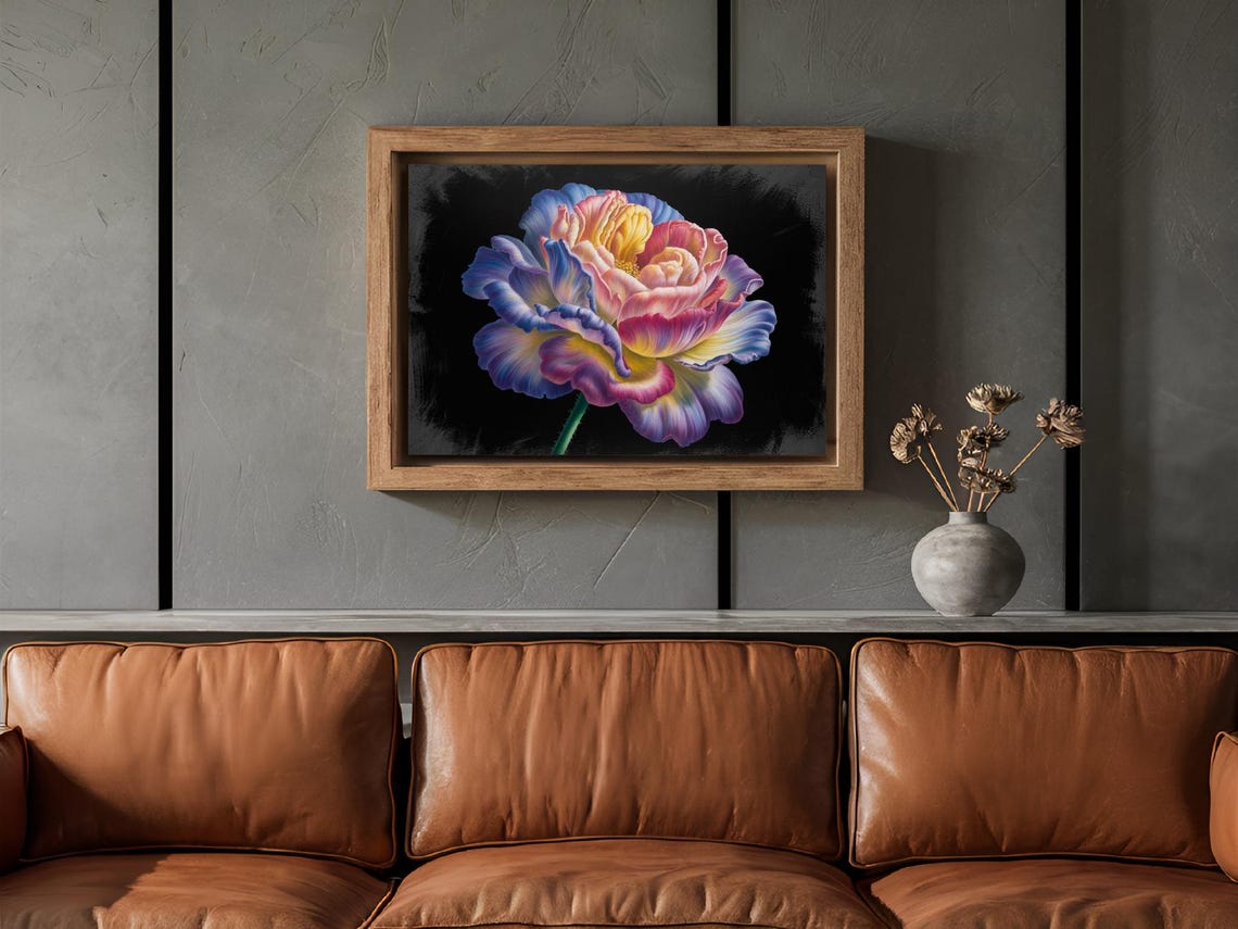 Colorful Peony Flower Bloom Black Background Botanical Art Poster - Image 2