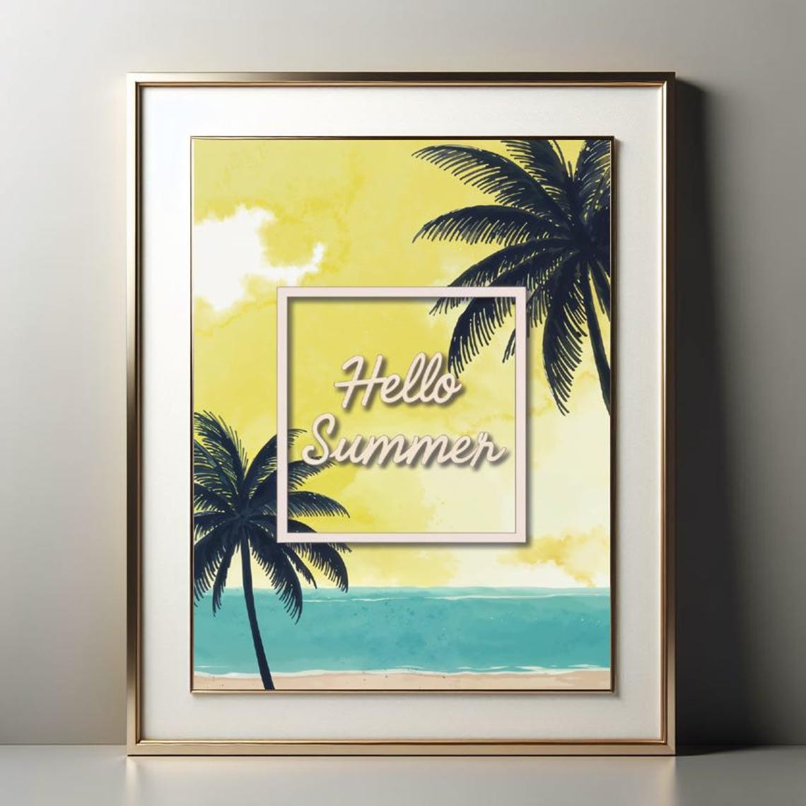 Hello Summer Beach Palm Trees Turquoise Ocean Tropical Decor Print