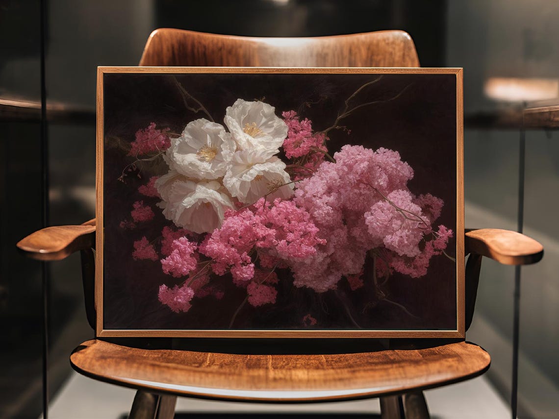 Moody White Blossoms Pink Flowers Dark Botanical Elegant Poster