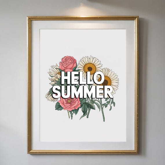 Bold Floral Hello Summer Wall Art Retro Botanical