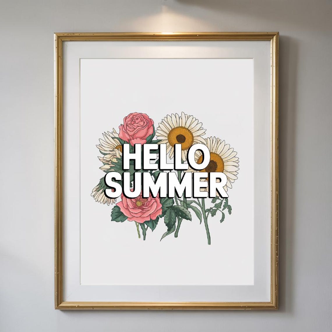 Hello Summer Bold Block Letters Vintage Botanical Bouquet Decor Print