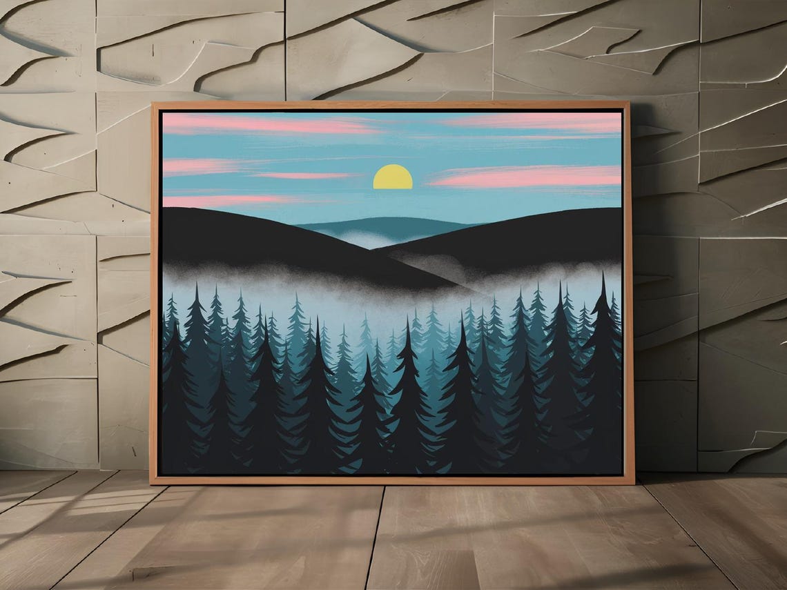 Misty Pine Forest Sunrise Fog Pastel Sky Evergreen Tree Poster - Image 3
