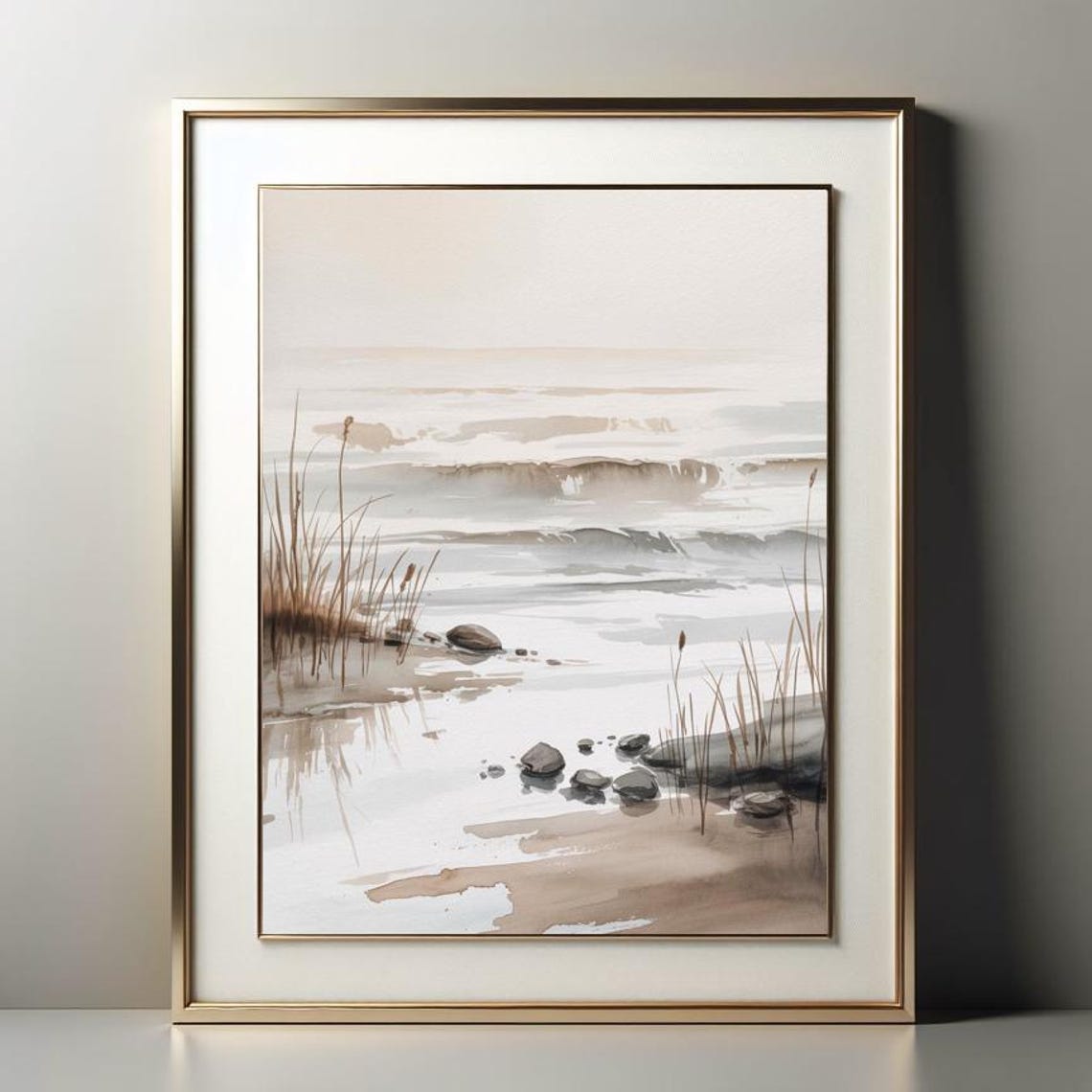 Soft Coastal Shoreline Waves Rocks Reeds Watercolor Beach Poster - Image 2