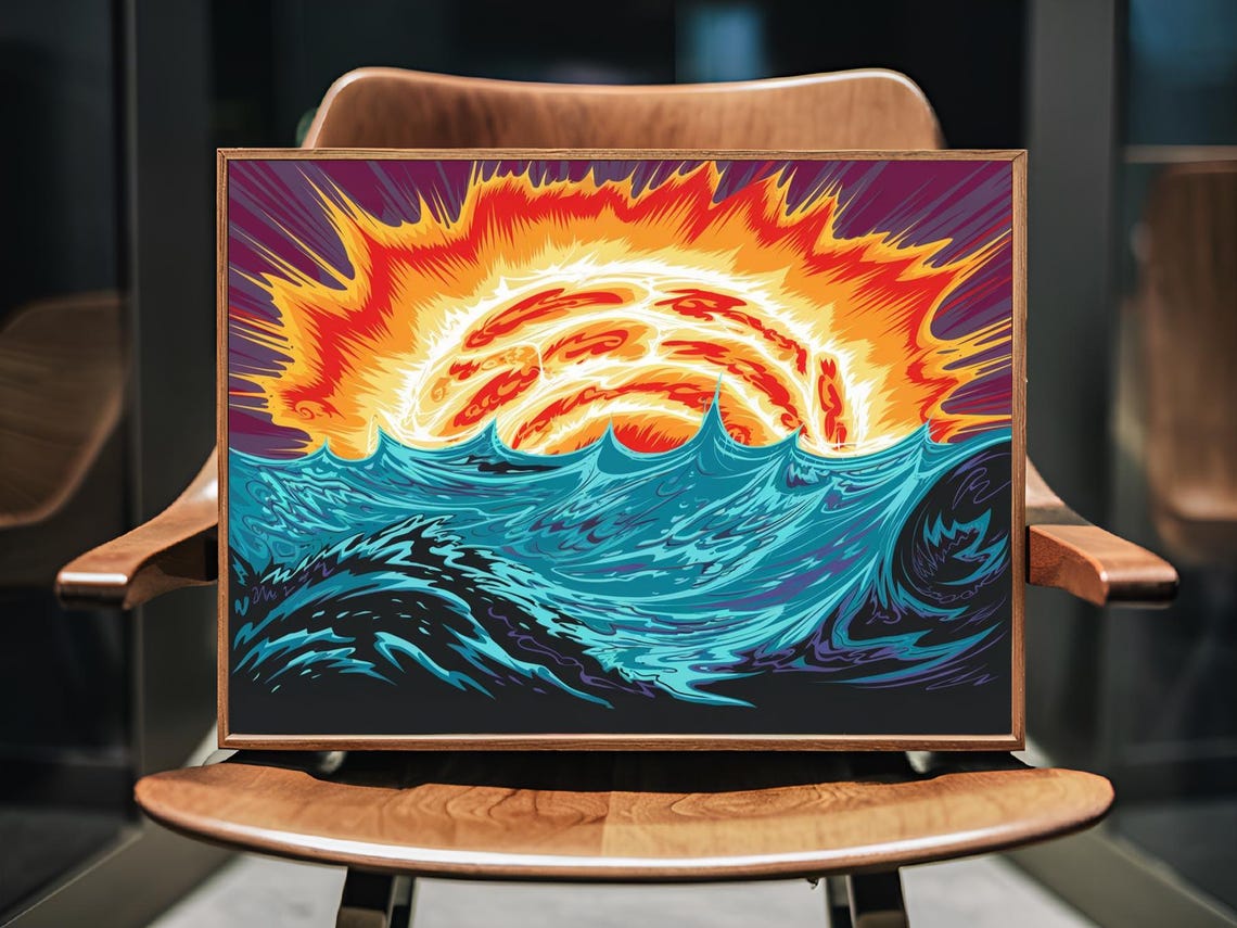 Blazing Fiery Sun Over Teal Ocean Waves Bold Pop Art Sunset Poster - Image 2