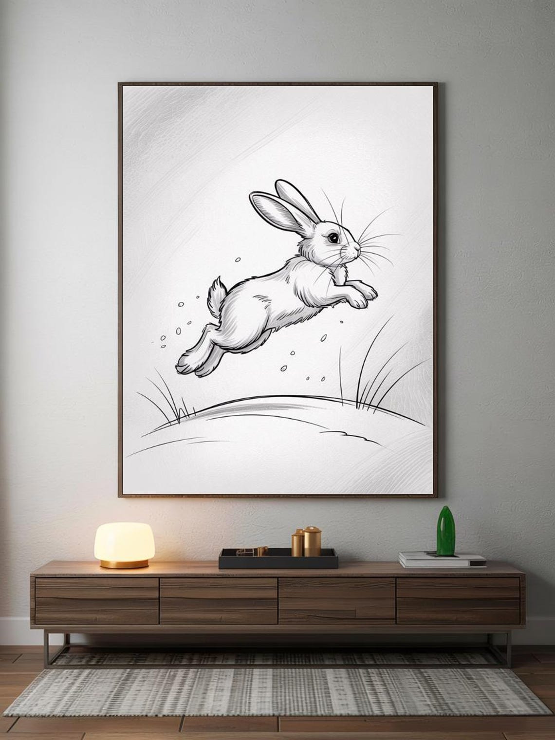 Leaping Rabbit Pencil Sketch Playful Bunny Kids Nursery Wall Art - Image 2