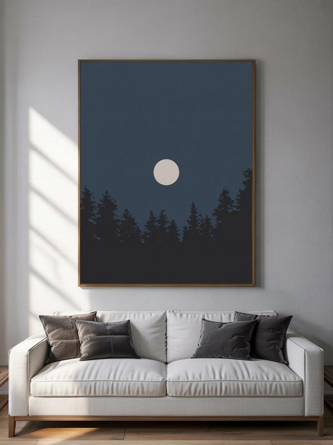 Full Moon Over Pine Forest Silhouette Night Sky Minimalist Poster
