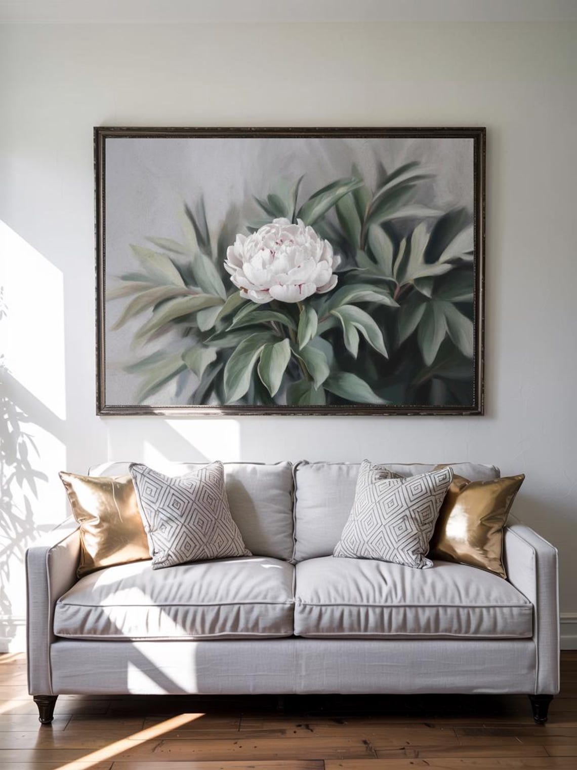 White Peony Bloom Lush Green Leaves Floral Oil Painting Poster - Image 3