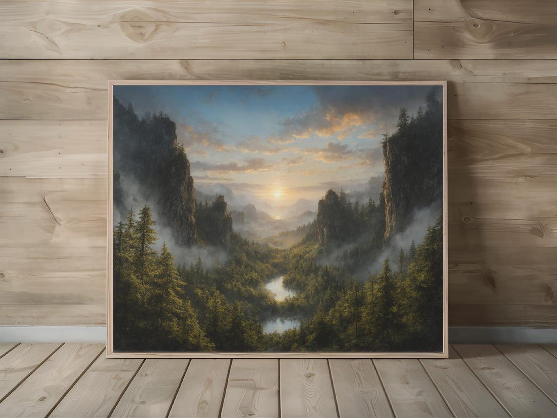 Foggy Pine Forest Valley With River and Cliffs at Sunrise Poster