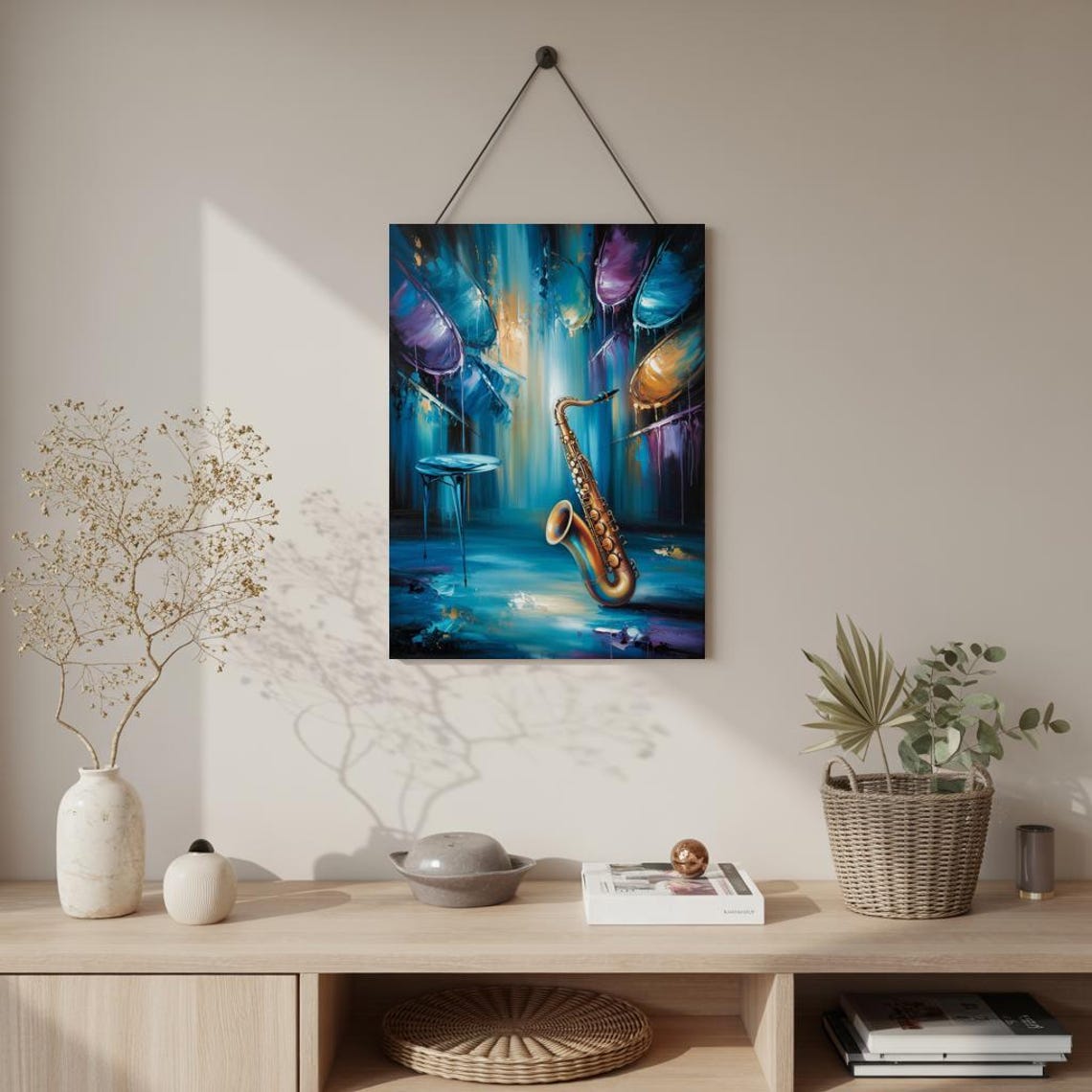 Blue and Gold Abstract Saxophone With Painted Music Shapes Poster - Image 3
