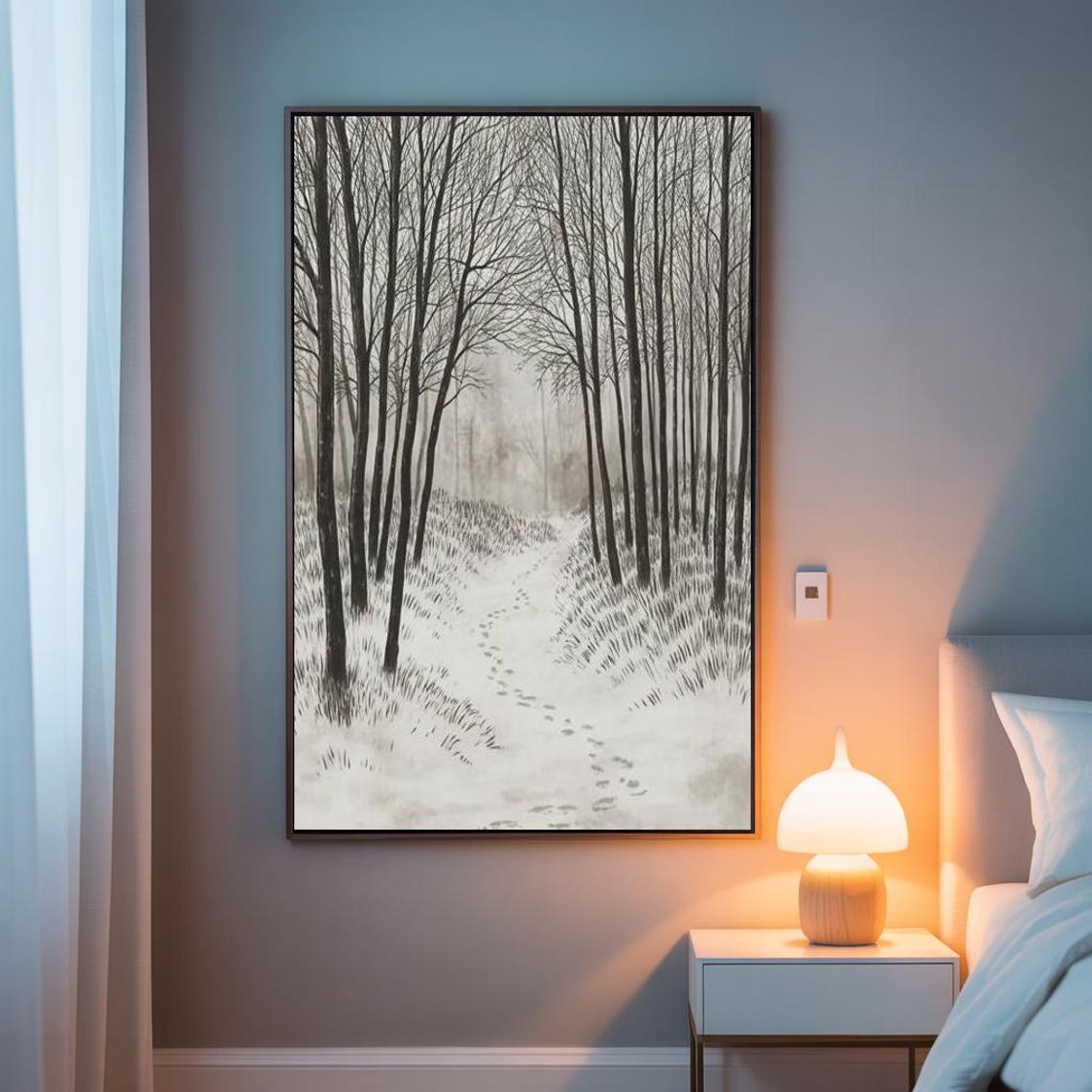 Snowy Birch Forest Path Footprints Winter Ink Drawing Poster - Image 3