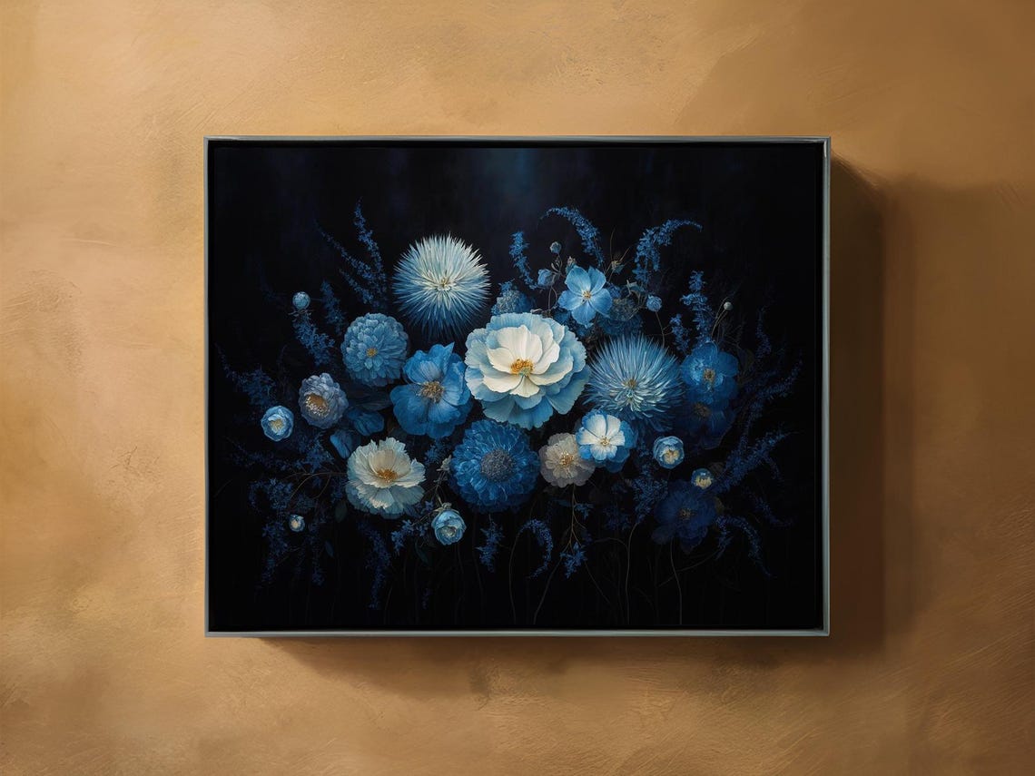 Blue Floral Bouquet Black Background Moody Elegant Flower Poster - Image 2