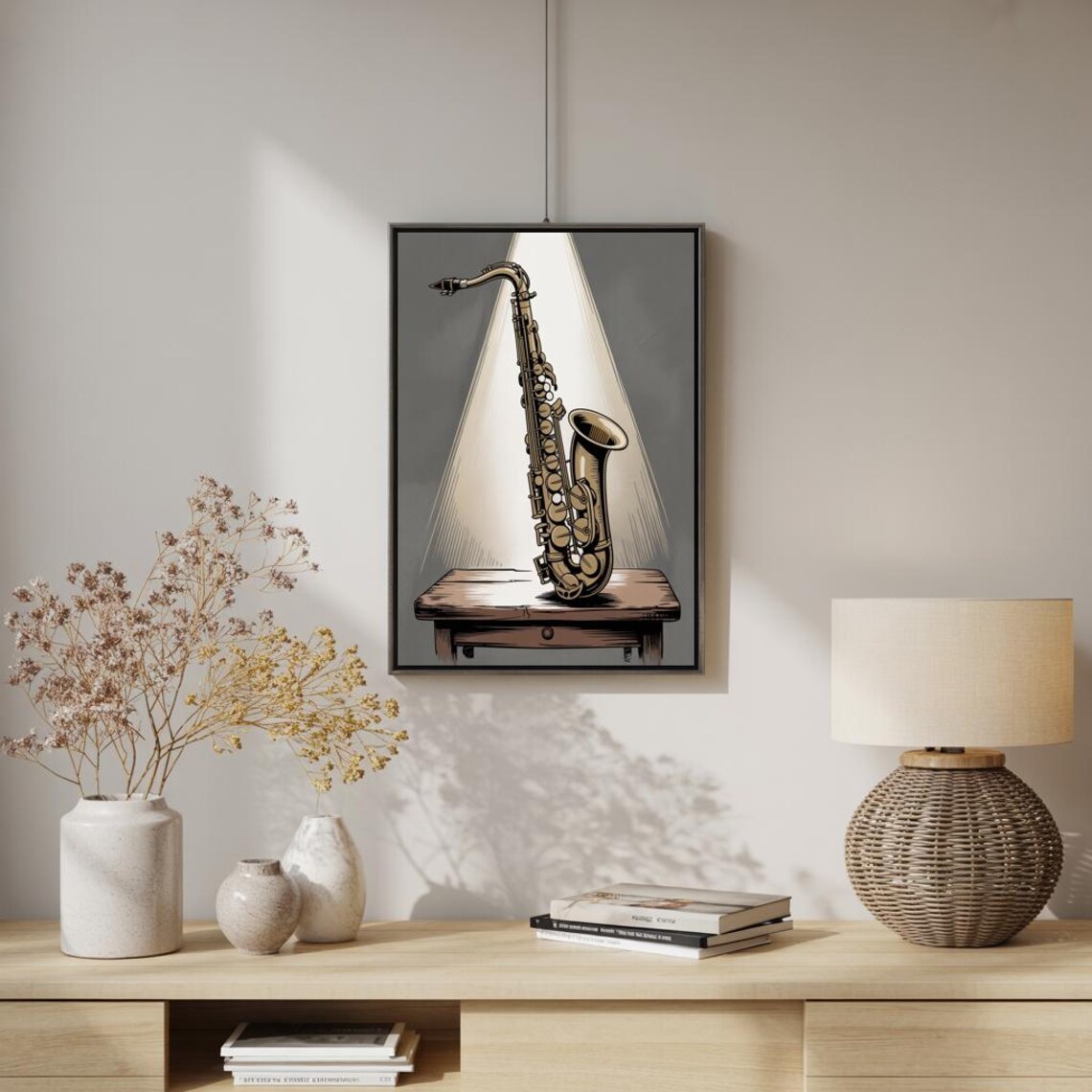 Golden Saxophone Spotlight Wooden Table Vintage Engraved Jazz Music Poster - Image 2