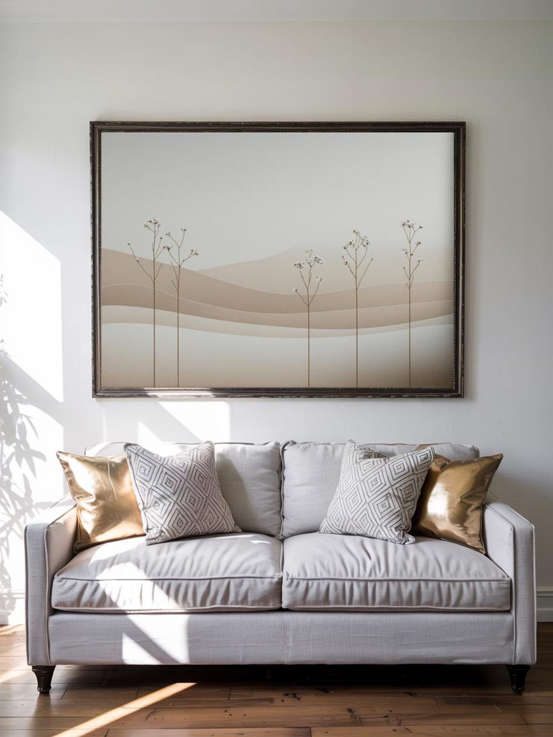 Tall Thin Wildflower Stems Layered Beige Waves Minimal Art Poster - Image 2