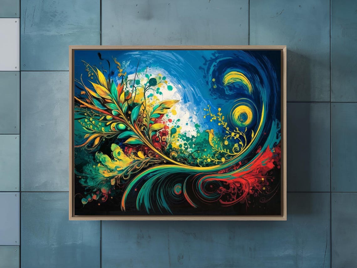 Vibrant Abstract Floral Wave Colorful Leaves Dark Blue Art Print