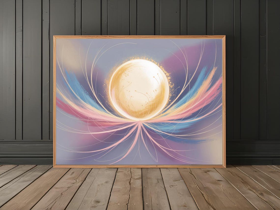 Golden Radiating Orb With Pastel Swirls Lavender Celestial Wall Art - Image 2