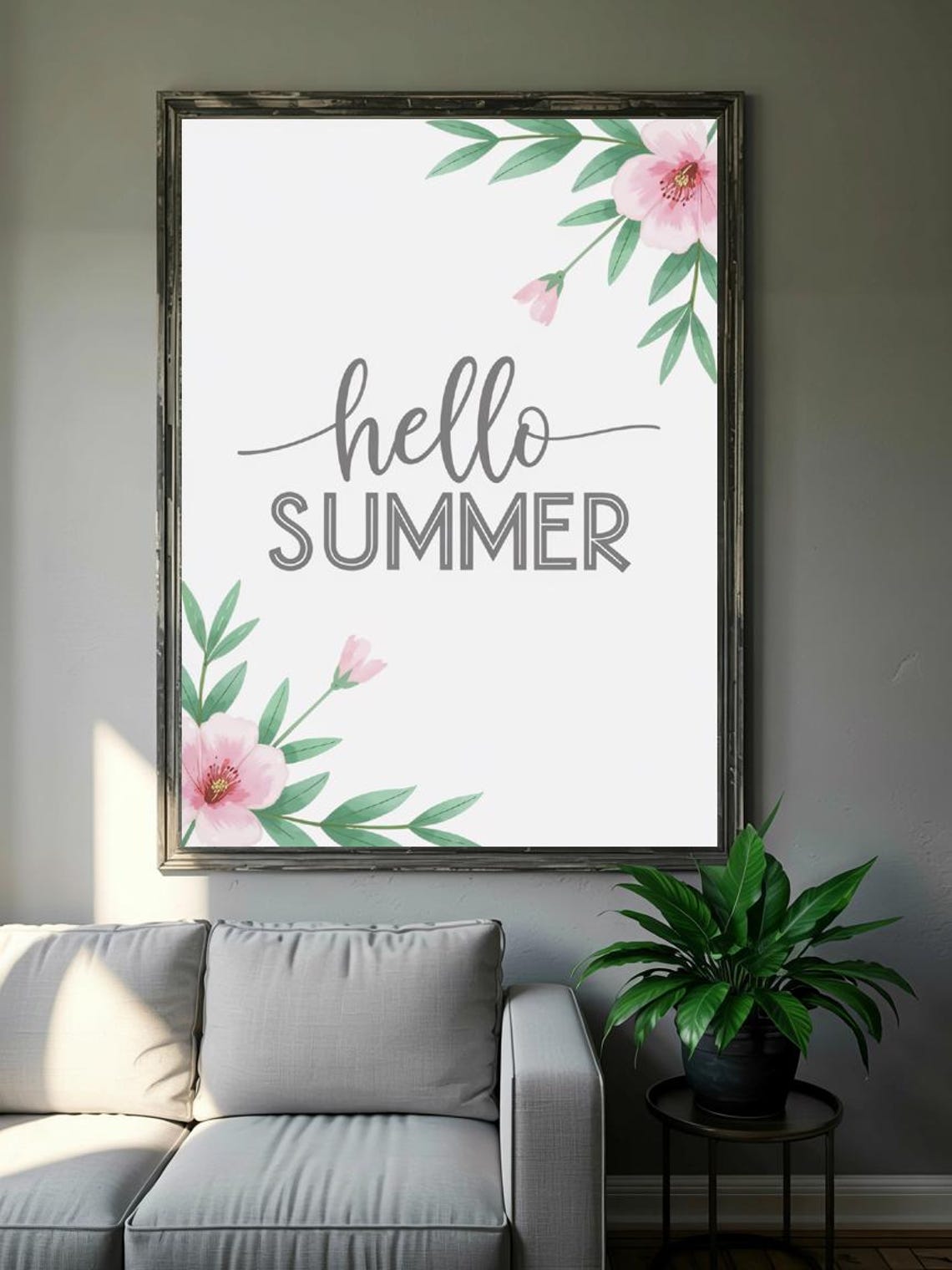 Hello Summer Gray Script Pink Watercolor Floral Corners Seasonal Print - Image 3