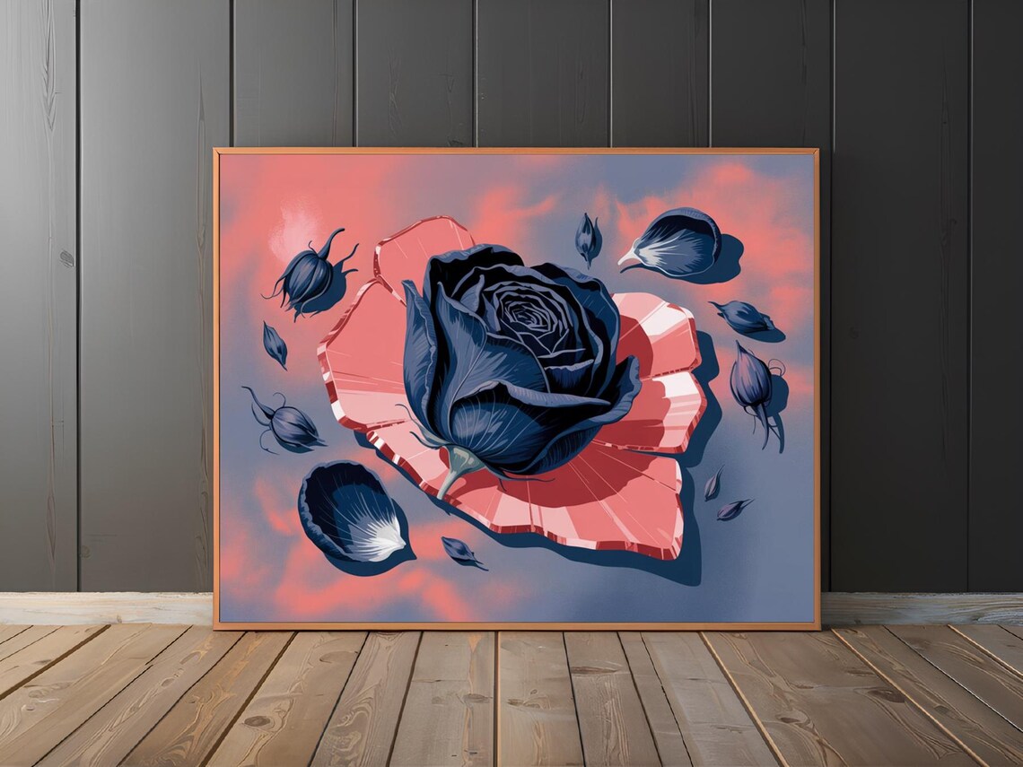 Deep Indigo Blue Rose On Coral Abstract Floral Graphic Wall Art - Image 2