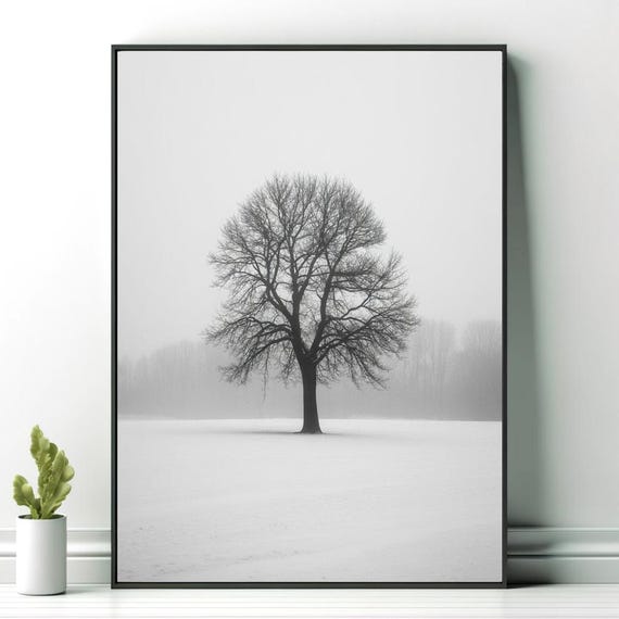 Minimalist Tree In Winter Black And White Landscape Wall Art