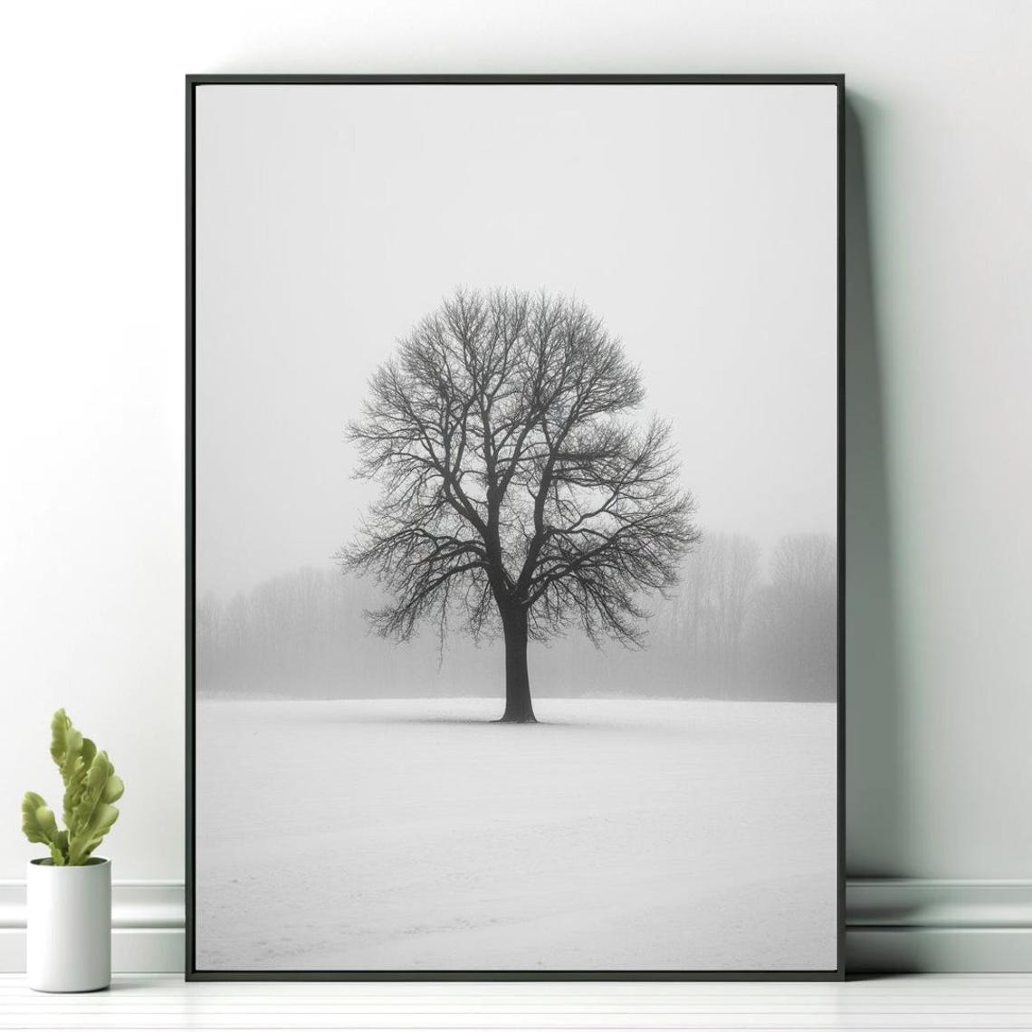 Lone Bare Tree Fog Black White Winter Minimalist Nature Poster