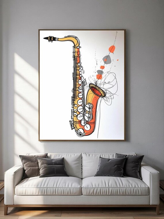 Minimal Orange Line Art Saxophone With Ink Scribble Detail Poster