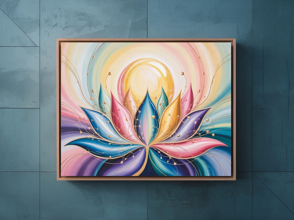 Golden Orb Lotus Bloom Rainbow Petals Pastel Floral Wall Art - Image 3