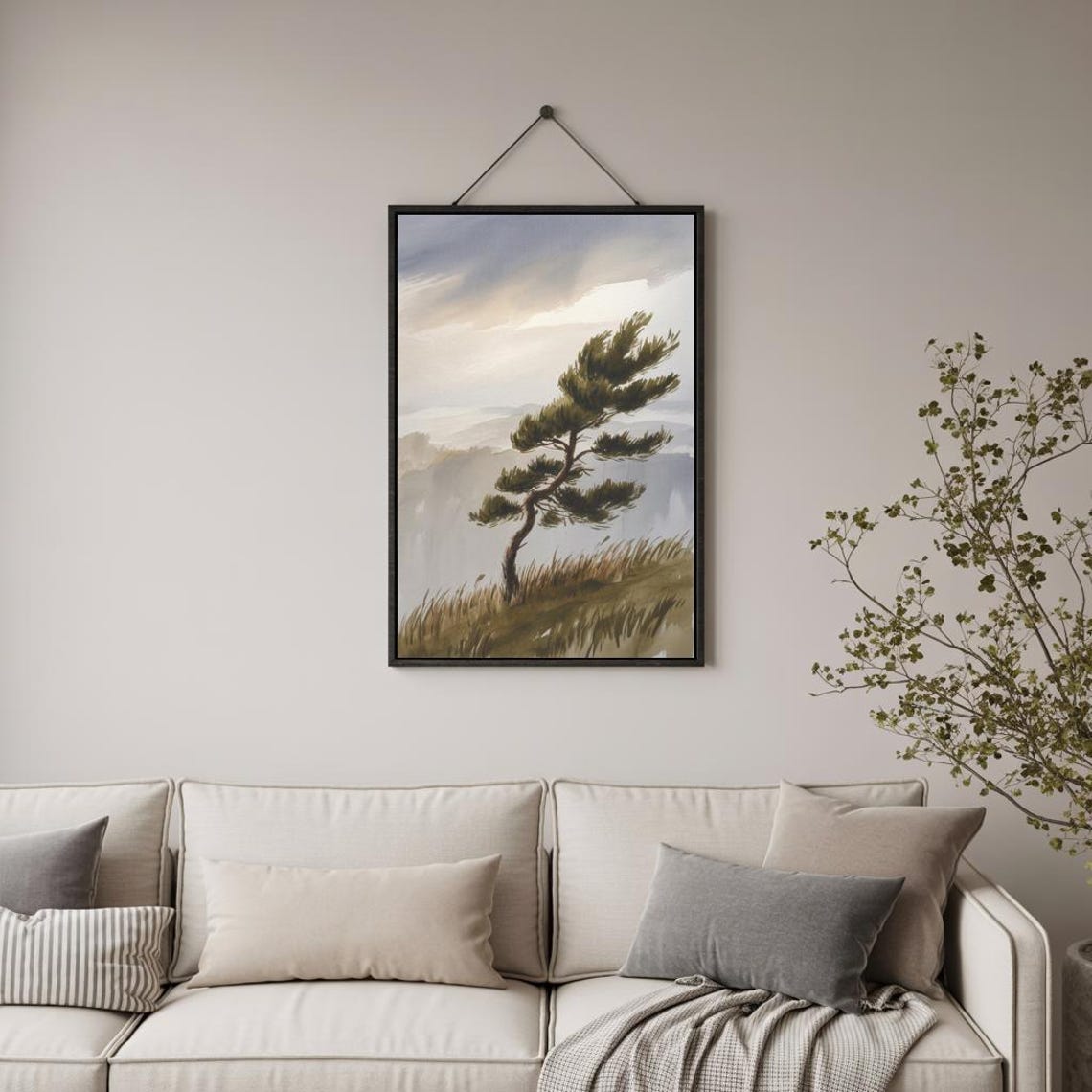 Windswept Pine Tree Misty Cliff Coastal Watercolor Art Poster