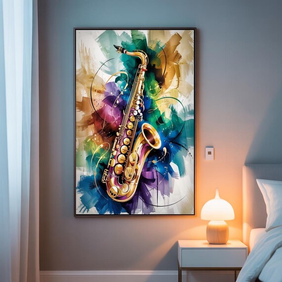 Colorful Abstract Saxophone With Bold Green Blue Brushstrokes Poster