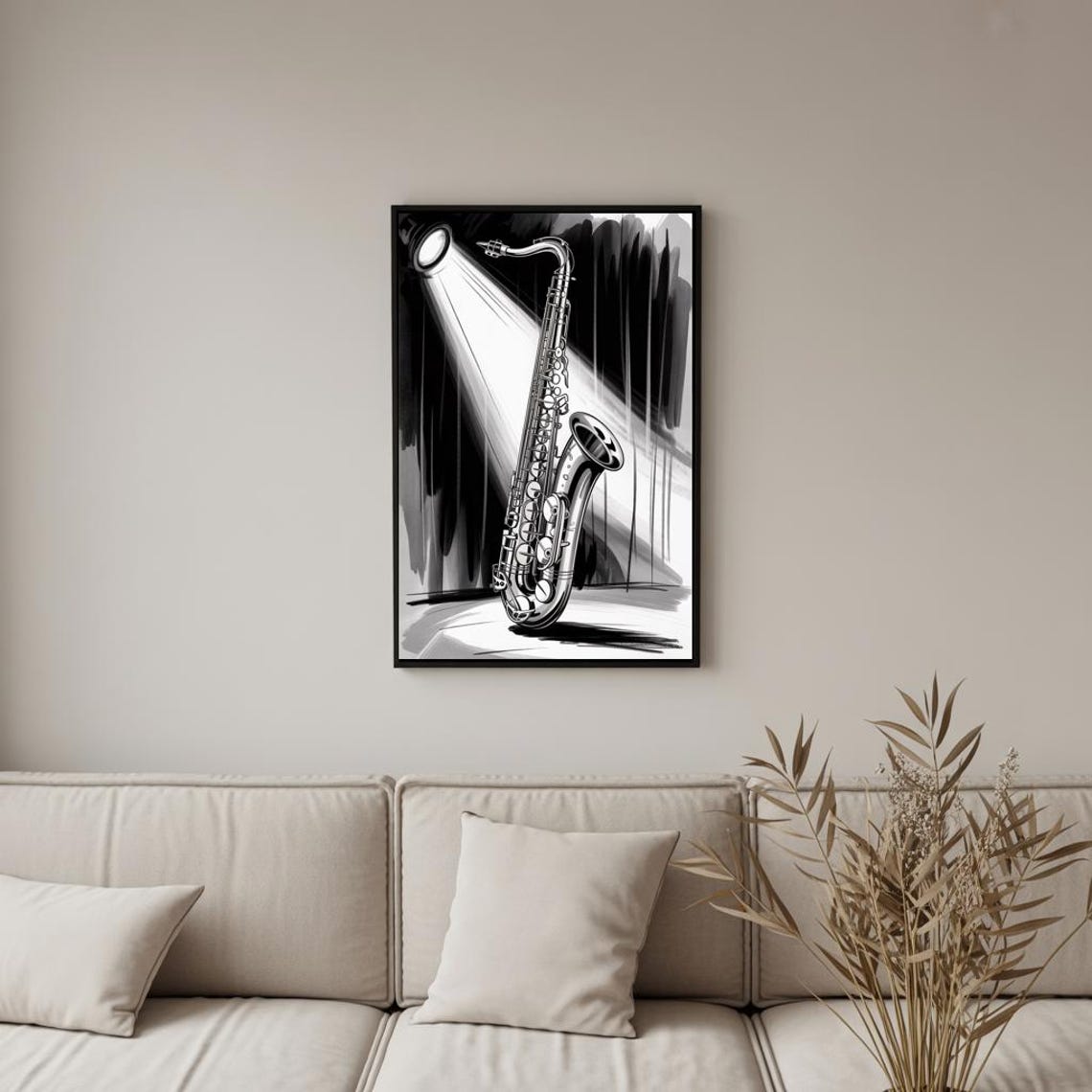 Monochrome Saxophone Standing in a Dramatic Spotlight Beam Poster - Image 2