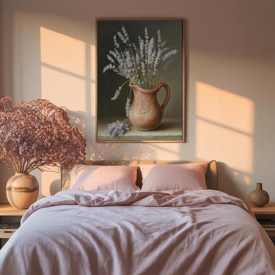 Rustic Lavender Sprigs In Terracotta Pitcher Dark Still Life Print - Image 2