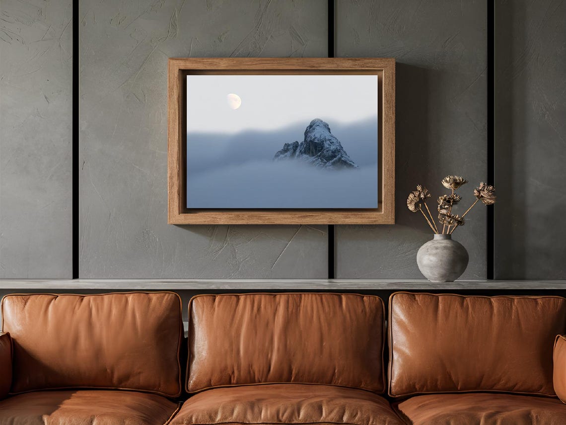 Snowy Mountain Peak Rising From Fog Full Moon Minimalist Poster - Image 2